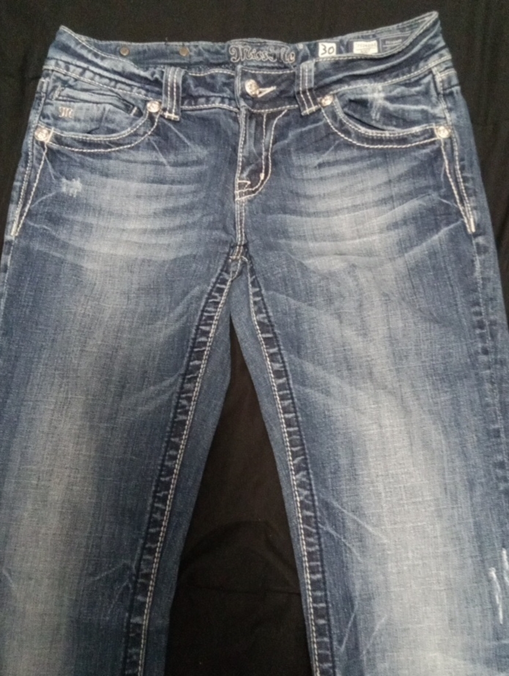 Miss Me Size 30 Cross Embellished Bootcut Jeans Low Rise Medium Wash Distressed